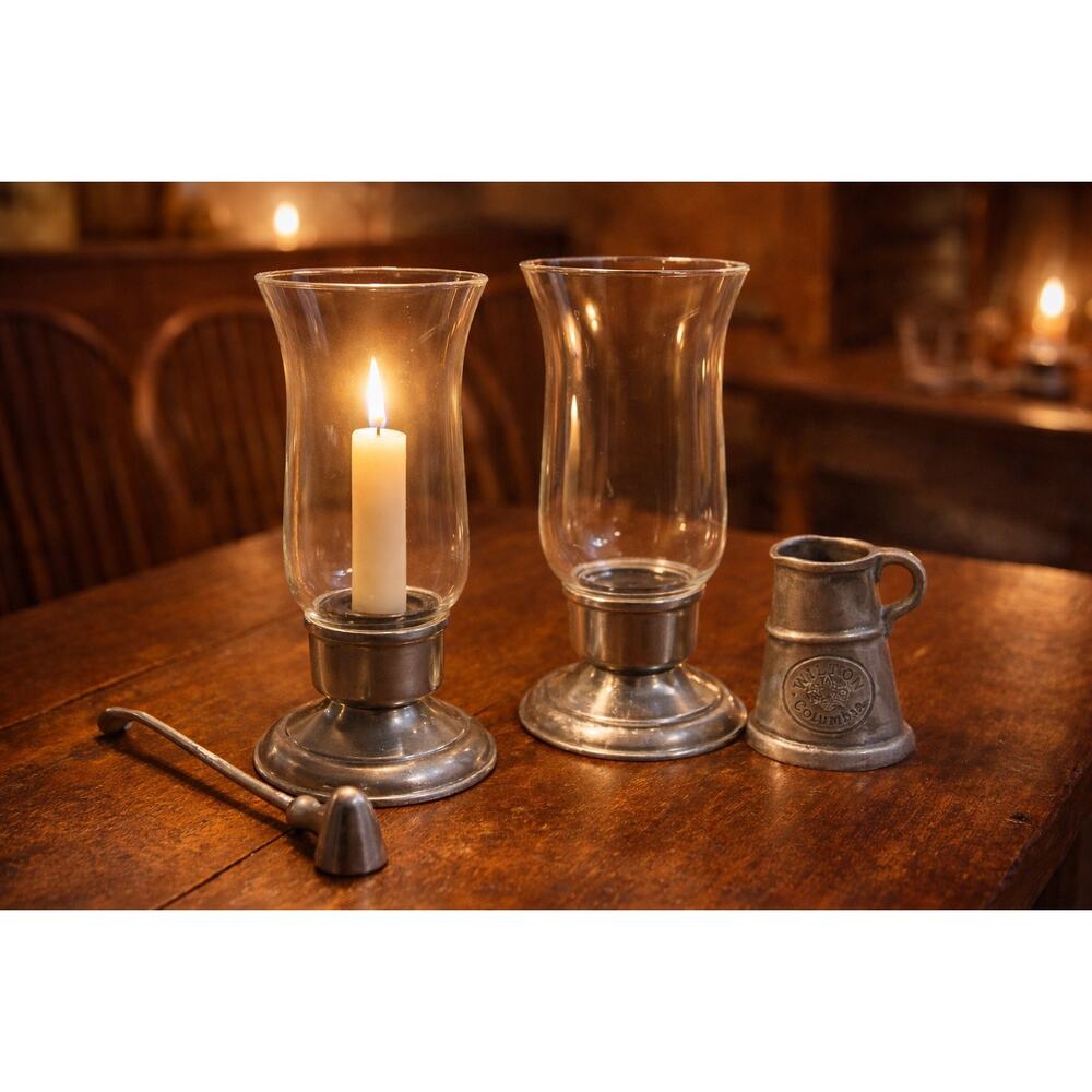 Wilton Armetale Candle Holder Set Hurricane Glass Snuffer Pitcher PA USA